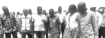 Kwaku Ofori Asiamah (3rd from right), Minister of Transport; Ignatius Baffuor-Awuah (3rd from left), Minister of Employment and Labour Relations; Justina Owusu-Banahene (2nd from right), Bono Regional Minister, and Kwame Baffoe (right), Bono Regional Chairman of the NPP, inspecting the rehabilitated runway of the Sunyani Airport